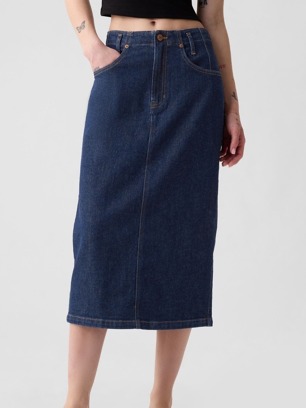 Gap Heritage Denim Button Back Midi Pencil Skirt